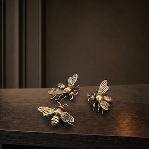 May include: Three small, metallic bee-shaped decorative objects with a dark, antique brass finish. Each bee features detailed wings with etched lines, a rounded body, and visible legs, arranged in a cluster on a dark wooden surface.