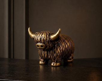 Figura de vaca de las Tierras Altas de latón, decoración de vaca escocesa, adorno rústico de granja, mini regalo de escritorio