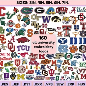 Lot de 160 motifs de broderie pour logos universitaires, fichiers de broderie pour mascottes d'universités, téléchargement numérique PES, DST, JEF, EXP, VP3