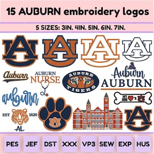 Ensemble de motifs de broderie du logo d'Auburn : fichiers de broderie machine de l'Université d'Auburn, 5 tailles incluses, téléchargement instantané pour Brother, Janome et Tajima.