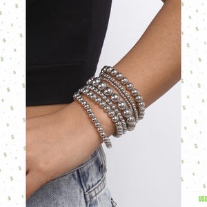 Layered Silver Ball Bracelet Set, Stackable Stretch Beaded Bracelets, Minimalist Women's Jewelry Gift