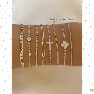 Gold Layered Bracelet Set, Cubic Zirconia Cross Clover Bracelet Stack, Minimalist Stackable Chain Bracelets for Women