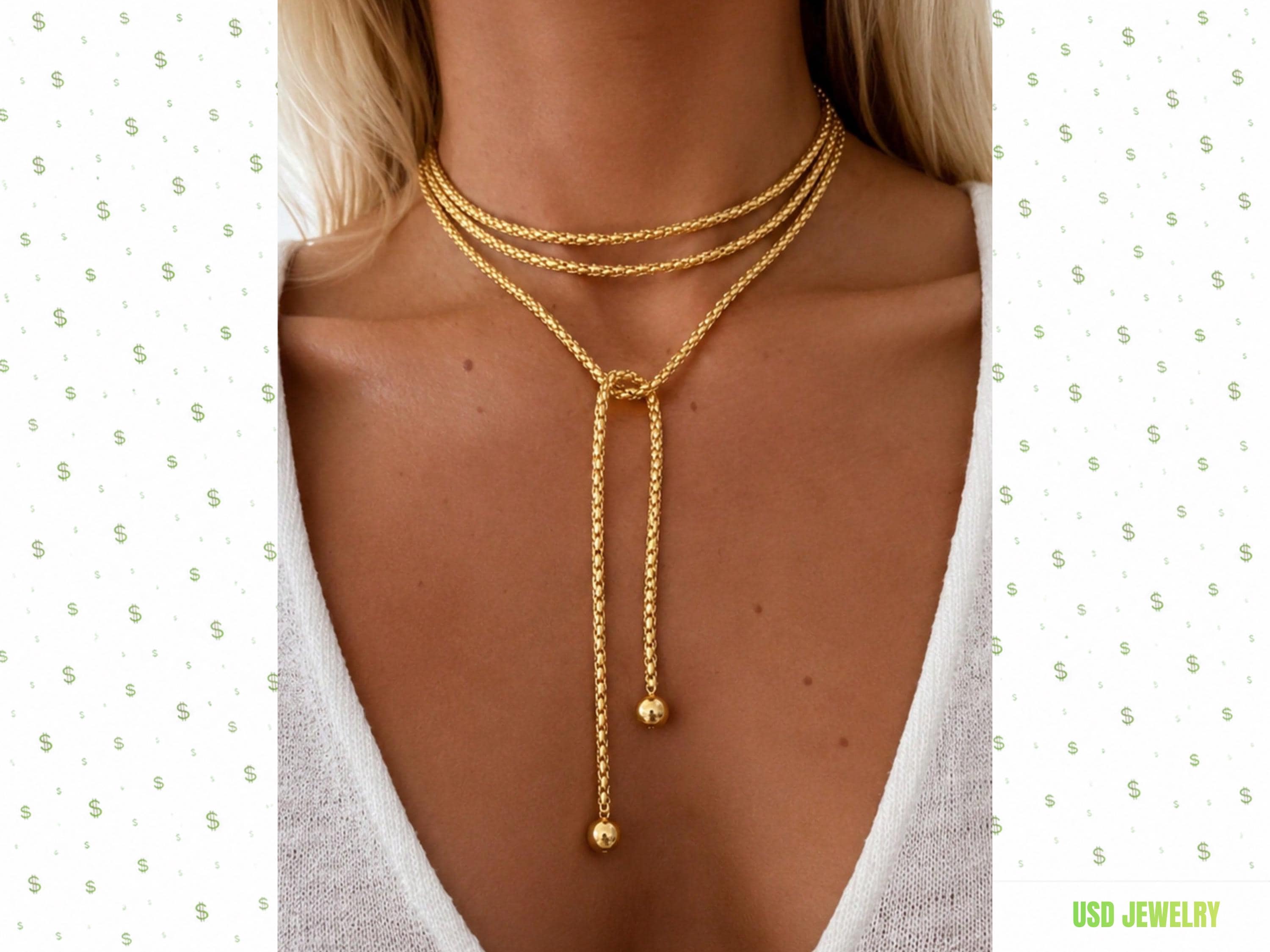 Gold Layered Wrap Necklace Minimalist Rope Lariat Choker Long Tassel Necklace