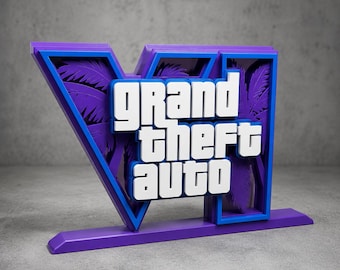 Displaystandaard met GTA 6-logo | 3D PLA-spellogodecor van 20 cm | Plankornament speelkamer | Cosplay-tentoonstellingsrekwisiet | Cadeau fan videogame