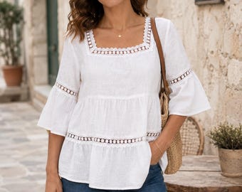 Women's Lace Trim Square Neck Blouse Loose Fit Boho Summer Top