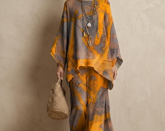 Women's Bohemian Two Piece Set Batwing Sleeve Wide Leg Pants Outfit