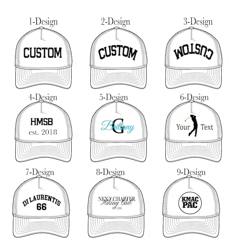 K&ouml;nnte beinhalten: Ein Raster aus neun wei&szlig;en Trucker-Caps mit verschiedenen schwarzen und blauen Grafikdesigns. Jede Kappe zeigt einzigartigen Text oder Bilder, darunter das Wort CUSTOM, HMSB est. 2018, eine Golf-Silhouette, DI LAURENTIS 66, NEXT CHAPTER HIKING CLUB und KMAC PAC.