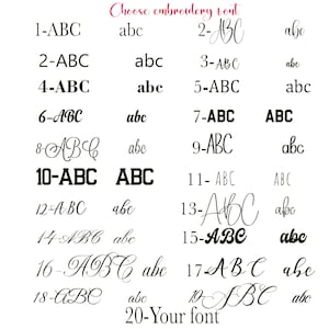 K&ouml;nnte beinhalten: Eine Tabelle mit dem Titel Choose embroidery font, die zwanzig nummerierte Optionen f&uuml;r Schriftstile anzeigt. Jeder Eintrag zeigt die Gro&szlig;buchstaben ABC und Kleinbuchstaben abc in verschiedenen Schriftarten, von Block- bis Schreibschrift.