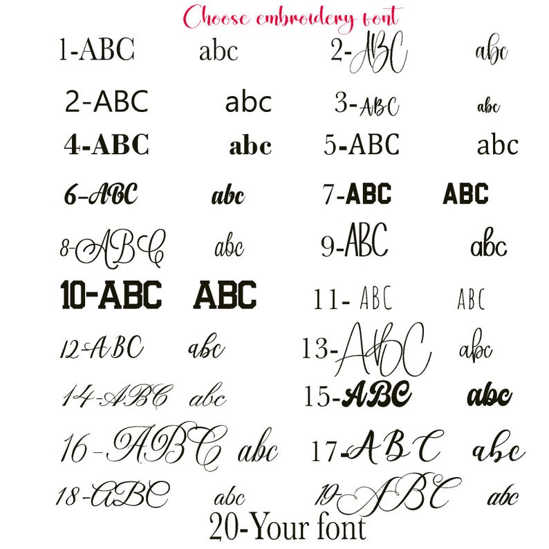 K&ouml;nnte beinhalten: Eine Tabelle mit dem Titel Choose embroidery font, die zwanzig nummerierte Optionen f&uuml;r Schriftstile anzeigt. Jeder Eintrag zeigt die Gro&szlig;buchstaben ABC und Kleinbuchstaben abc in verschiedenen Schriftarten, von Block- bis Schreibschrift.