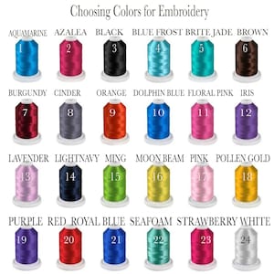 K&ouml;nnte beinhalten: Eine Farbkarte mit dem Titel Choosing Colors for Embroidery zeigt 24 nummerierte Garnrollen in verschiedenen Farbt&ouml;nen, darunter Aquamarin, Azalee, Schwarz, Frostblau, leuchtendes Jade, Braun, Burgunderrot, Asche, Orange, Delfinblau, Blumenrosa, Iris, Lavendel, Hellmarineblau, Ming, Mondstrahl, Pink, Pollengold, Lila, Rot, K&ouml;nigsblau, Meerschaum, Erdbeere und Wei&szlig;.