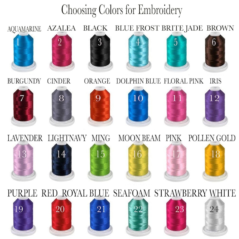 K&ouml;nnte beinhalten: Eine Farbkarte mit dem Titel Choosing Colors for Embroidery zeigt 24 nummerierte Garnrollen in verschiedenen Farbt&ouml;nen, darunter Aquamarin, Azalee, Schwarz, Frostblau, leuchtendes Jade, Braun, Burgunderrot, Asche, Orange, Delfinblau, Blumenrosa, Iris, Lavendel, Hellmarineblau, Ming, Mondstrahl, Pink, Pollengold, Lila, Rot, K&ouml;nigsblau, Meerschaum, Erdbeere und Wei&szlig;.