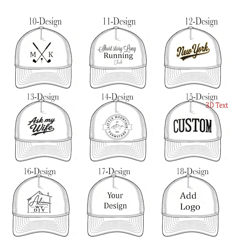 K&ouml;nnte beinhalten: Ein Raster aus neun wei&szlig;en Baseballkappen, die jeweils ein einzigartiges schwarzes Grafik- oder Textdesign aufweisen. Die Designs umfassen Golfschl&auml;ger mit den Buchstaben M und K, Text mit Short story Long Running Club, New York, Ask my Wife, Little Mountain Farmstand, CUSTOM, eine Hausumrisszeichnung mit Text, Your Design und Add Logo.