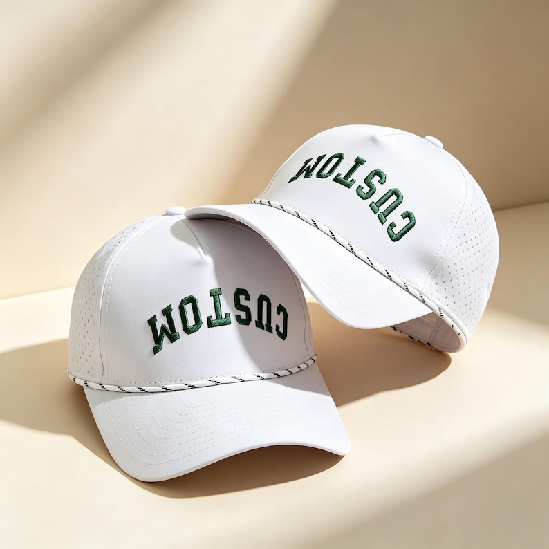 K&ouml;nnte beinhalten: Zwei wei&szlig;e Baseballkappen mit dem Wort CUSTOM, das in dunkelgr&uuml;nen Gro&szlig;buchstaben auf die Vorderseite gestickt ist. Jede Kappe verf&uuml;gt &uuml;ber eine dekorative, gedrehte schwarz-wei&szlig;e Kordel am unteren Rand der Krone und perforierte Seitenteile.