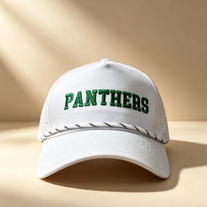 Puede incluir: Una gorra de béisbol blanca con la palabra PANTHERS bordada en letras verdes de bloque en la parte delantera. La gorra incluye un cordón decorativo trenzado en blanco y negro en la base de la corona y paneles laterales perforados.