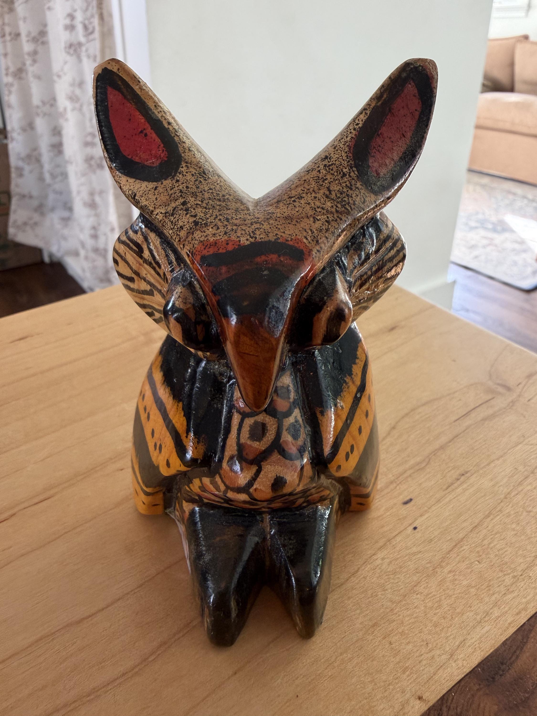 Hand Painted Guatemalan Wooden Owl Figurine - Folk Art Bird Sculpture - Colorful Rustic Animal Decor