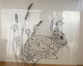 Vintage handbemaltes Glashasenbild – Evelyn Wessel Woodland Linework Panel