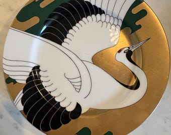 Assiette vintage Fitz and Floyd Golden Tancho Cigogne (1979) | Assiette japonaise à motif grue | Assiette décorative en porcelaine verte et dorée (Japon)