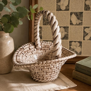 Vintage 1987 Studio Pottery Basket | Handcrafted Ceramic Basketweave Bowl with Twisted Handle | Signed Pottery Basket | Rustic Farmhouse