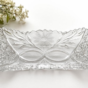 Vintage Pressed Glass Dish | Clear Floral Relish Tray | Frosted Daisy Glass Serving Dish | Rectangular Candy or Trinket Tray