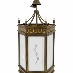 Vintage messing hanglamp | Hallantaarn met geëtst glas | Plafondlamp in Hollywood Regency-stijl | Armatuur in de huidige staat, geschikt voor restauratie
