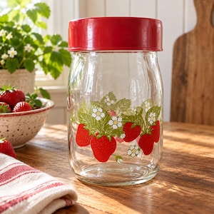 May include: A clear glass storage jar with a solid red lid. The exterior of the jar features a printed pattern of bright red strawberries, green leaves, and small white flowers encircling the middle section of the glass container.