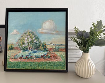 Framed Hand Painted Landscape Oil Painting, 12x12 Countryside Wall Art, Cottage Decor