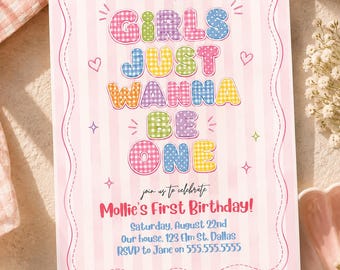 Girls Just Wanna Be One Invitation | Pink Gingham First Birthday Template (Digital Download)