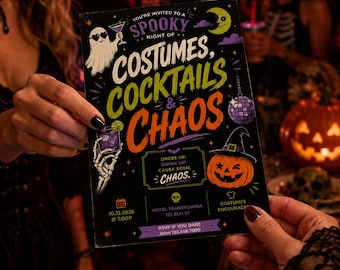 Spooky Costumes Cocktails & Chaos Halloween Party Invitation Template | Editable Canva Invite | Adult Costume Party |