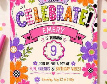 Funky Tween Birthday Invitation, Groovy Girls Editable Canva Template, Colorful Retro Party Invite