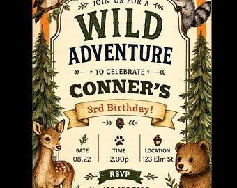 Woodland Birthday Invitation, Wild Adventure Forest Animals Party Template (Digital Download)