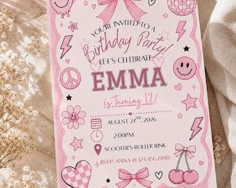 Preppy Pink Birthday Invitation Template | Tween Girl | Coquette Disco Cherry Smiley Party | Instant Download