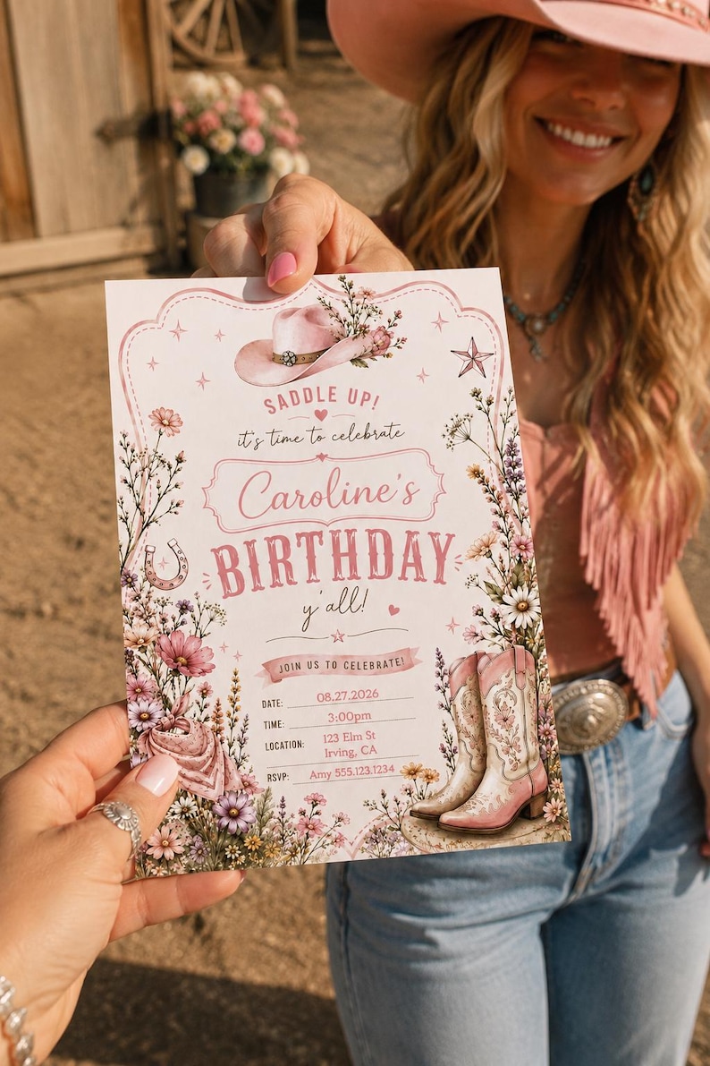 May include: A rectangular birthday invitation card featuring a pink cowboy hat, floral arrangements, a horseshoe, and a pair of pink and white cowboy boots. The text reads: SADDLE UP! it's time to celebrate Caroline's BIRTHDAY y'all! JOIN US TO CELEBRATE!