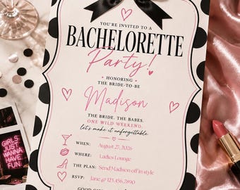 Bachelorette Party Invitation | Black Pink Polka Dot Coquette Bridal Shower (Digital Download)