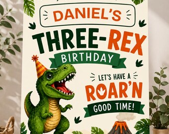 Three-Rex Birthday Welcome Sign | Dinosaur Party Decor (Digital Download)