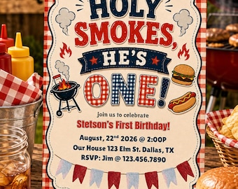 Holy Smokes He's One – BBQ Birthday Invitation (Digital Download)