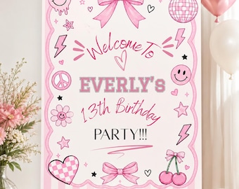Pink Birthday Welcome Sign Template | Editable Canva Poster | Retro Coquette Party Sign