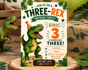 Three-Rex Dinosaur Birthday Invitation Template | Editable 3rd Birthday Party Invite (Digital Download)