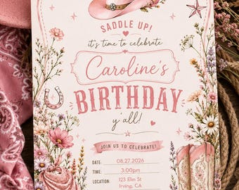 Pink Cowgirl Birthday Invitation | Wildflower Western Party Invite (Digital Download)