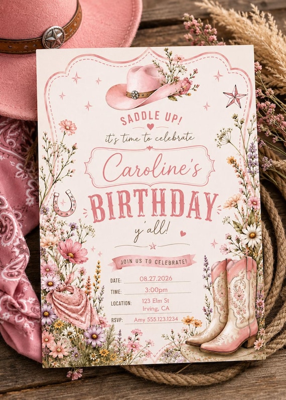 Pink Cowgirl Birthday Invitation | Wildflower Western Party Invite (Digital Download)