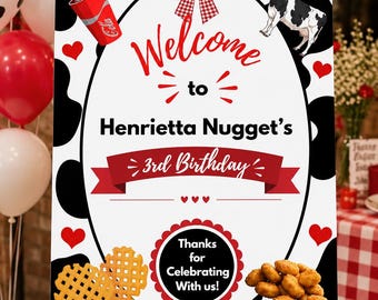 Restaurant Inspired Welcome Sign | Chicken Birthday | Editable Canva | Cow Print Party Decor |