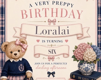 Preppy Teddy Bear Birthday Invitation | Pink Navy Plaid, Editable Canva Template