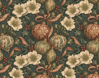 Puede incluir: Un patrón repetitivo con flores de eléboro color crema, bayas de acebo rojas y hojas de acebo verde oscuro. Se intercalan adornos navideños ornamentados en tonos rojo, dorado y verde, unidos por cintas rojas fluidas sobre un fondo oscuro.