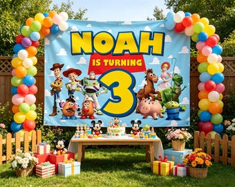 Personalized Toy Story Backdrop, Custom Boys Birthday Sign, Woody and Buzz Party Decorations