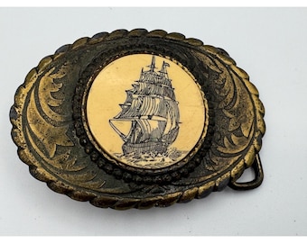 Vintage Oden Inc Brass Nautical Tall Ship Belt Buckle Oval Scrimshaw Style