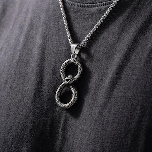 Könnte beinhalten: Eine silberfarbene Metallhalskette mit einem Anhänger in Form einer Schlange, die sich in den eigenen Schwanz beißt und so ein Unendlichkeitssymbol bildet. Der Anhänger hat eine texturierte, geschuppte Oberfläche und hängt an einer silberfarbenen Kette.