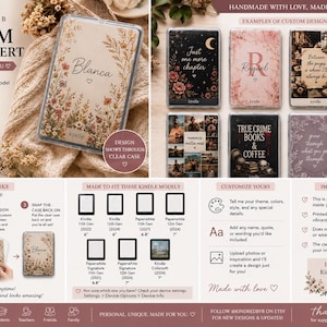 Puede incluir: Un inserto personalizado para Kindle con varios diseños florales, fotográficos y de texto. La pantalla incluye instrucciones sobre cómo insertar el papel en una funda transparente, una lista de modelos de Kindle compatibles y ejemplos de opciones.