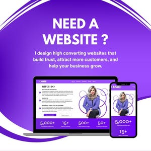 Könnte beinhalten: Eine violette Grafikwerbung mit dem Text NEED A WEBSITE? und einer Beschreibung von Webdesign-Dienstleistungen. Ein Laptop und ein Smartphone zeigen eine Website mit einem Foto einer Person im violetten Blazer, Text und Statistiken.