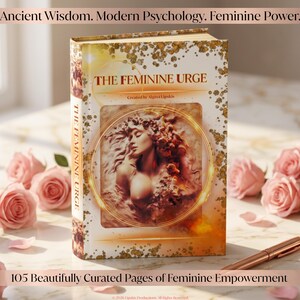 Puede incluir: Un libro de tapa dura titulado The Feminine Urge, creado por Algina Lipskis, con una cubierta dorada que presenta una ilustración central de una mujer rodeada de flores, motas doradas y un anillo brillante, acompañado de rosas rosadas y un bolígrafo.