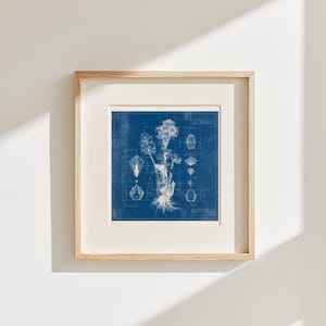 May include: A square framed wall art piece featuring a white botanical blueprint illustration on a deep blue background. The print displays a detailed plant with roots and technical schematic lines, enclosed in a light-toned wooden frame with a mat.