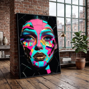 May include: A rectangular framed wall art piece featuring a stylised human face composed of fragmented, geometric shards in vibrant neon pink, bright cyan, and metallic gold. The eyes are detailed with blue irises and dark lashes, while the lips are textured with a shimmering gold finish against a deep black background.